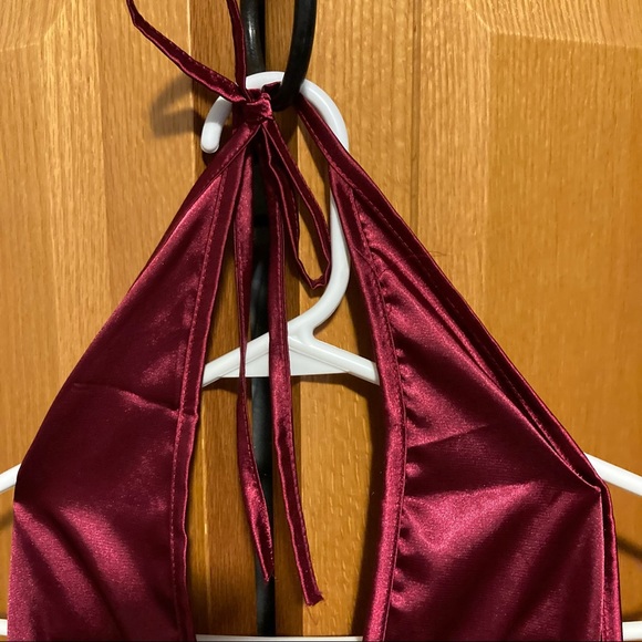 AVID LOVE Silky Satin Lace Halter Teddy Bodysuit One Piece Burgundy Womens Small - Picture 15 of 16